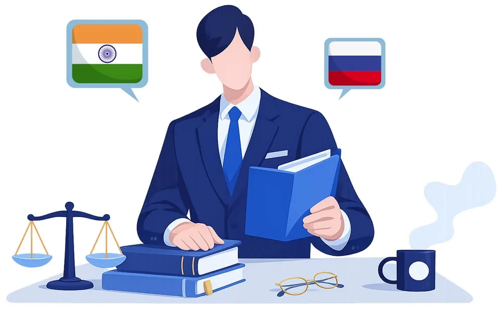 Illustration of a multilingual lawyer holding a legal book with scales of justice