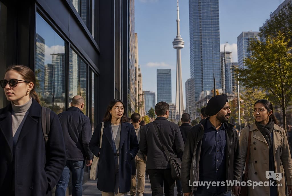 Diverse crowd on a busy Toronto street, representing the city's multicultural population seeking a multilingual lawyer Toronto