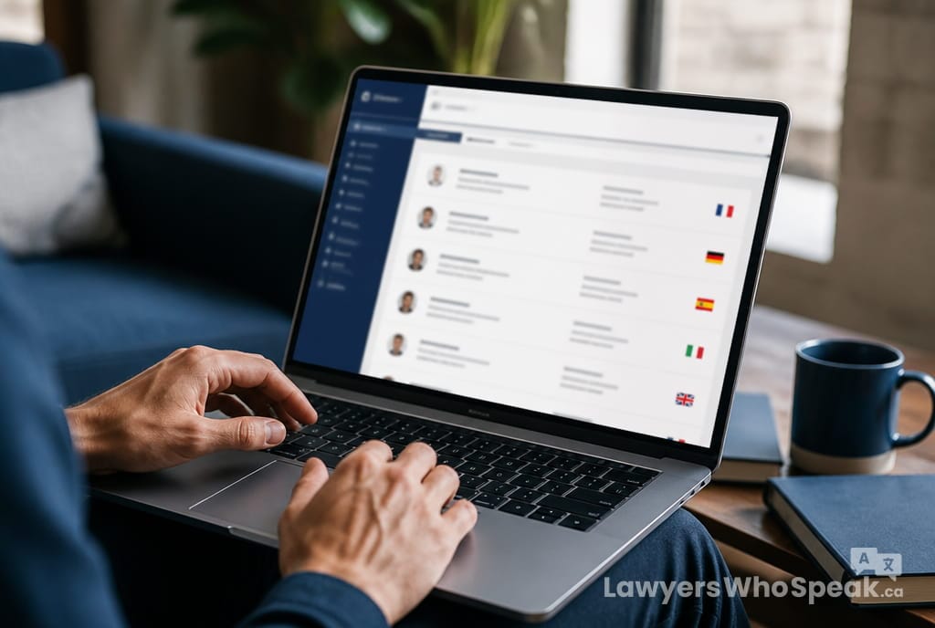 Hands browsing an online directory to find a multilingual lawyer Toronto by language