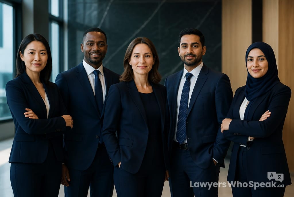Group of diverse lawyers representing Toronto's multilingual legal community