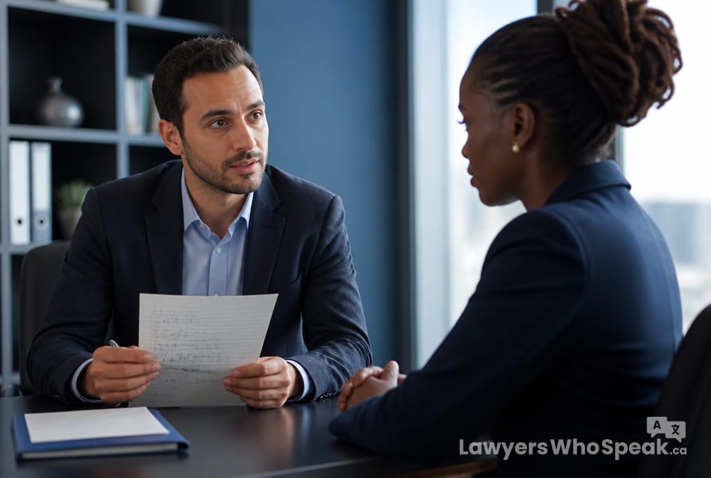 Client with a list of prepared questions to ask before hiring a lawyer, in conversation with a lawyer