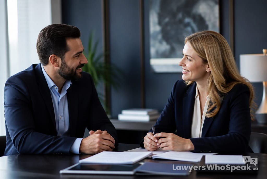 Client and lawyer connecting clearly in conversation, illustrating why language matters in the questions to ask before hiring a lawyer
