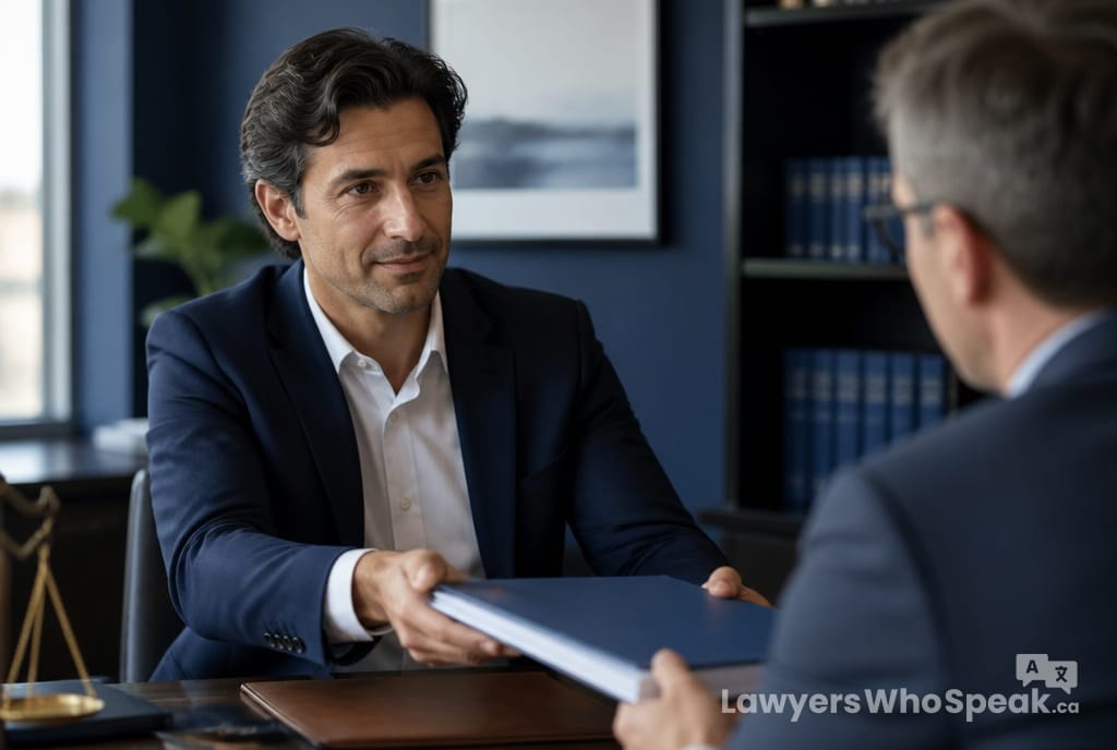 Client handing over organized documents, ready to begin after asking the right questions before hiring a lawyer