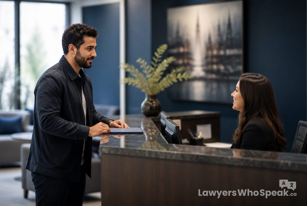 Client checking in at a law office reception, arriving for their first legal consultation