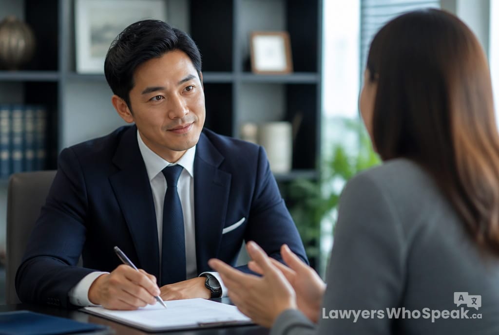 Lawyer attentively listening and taking notes during a first legal consultation