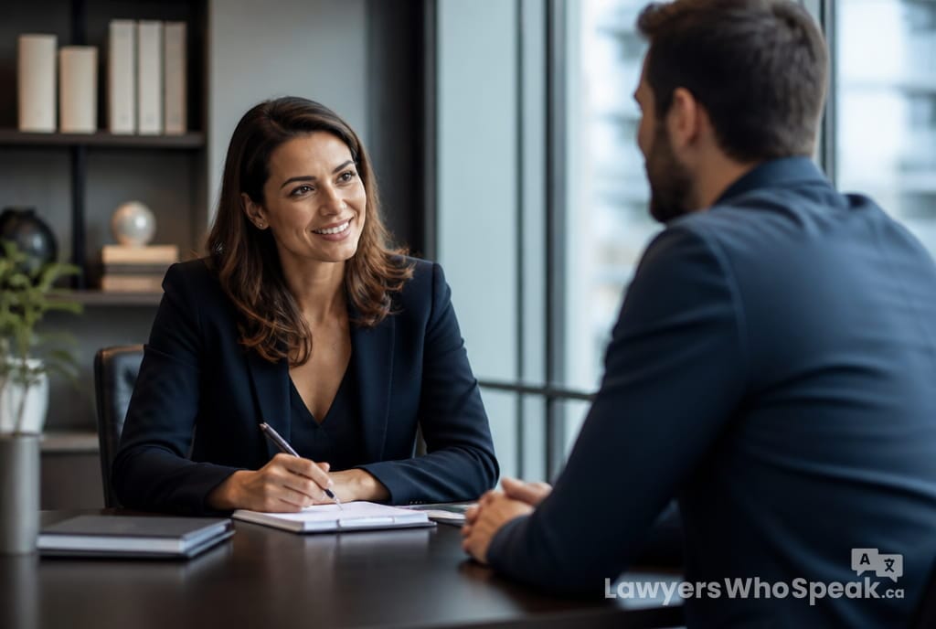 Client having a hopeful initial consultation with a new lawyer, the first step to switch lawyers mid-case