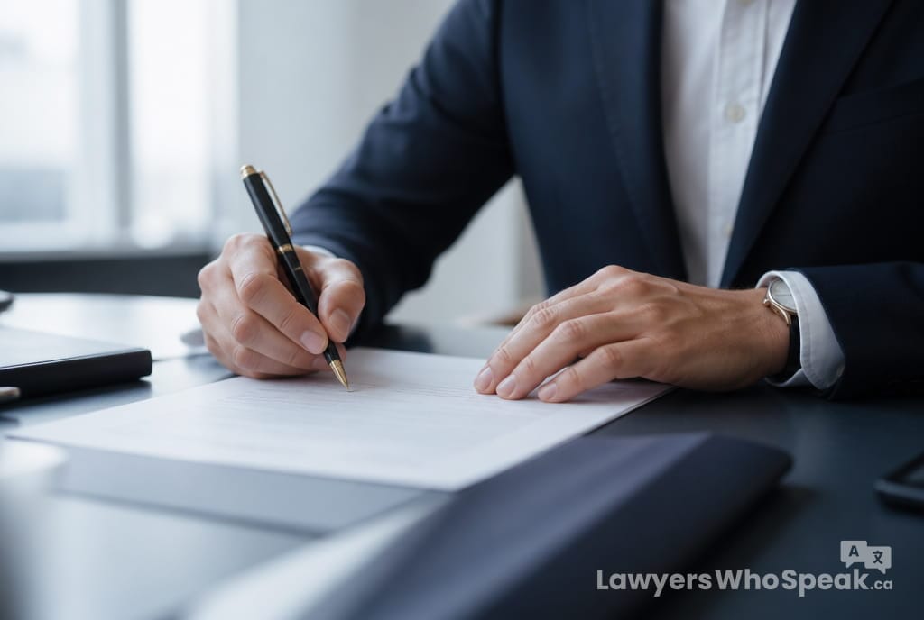 Hands writing a formal termination letter, a step to switch lawyers mid-case