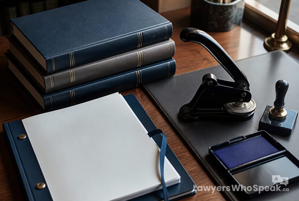 Do I Need a Lawyer or a Notary? Understanding the Difference in Canada 10 Legal books beside a notary seal, comparing the tools of a lawyer vs notary Canada