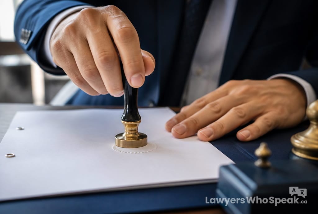 Do I Need a Lawyer or a Notary? Understanding the Difference in Canada 1 Hands stamping an official notary seal onto a document, illustrating what a notary does in the lawyer vs notary Canada comparison