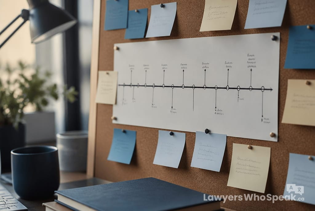 Handwritten timeline and notes on a corkboard, a key tool in how to prepare for a legal case