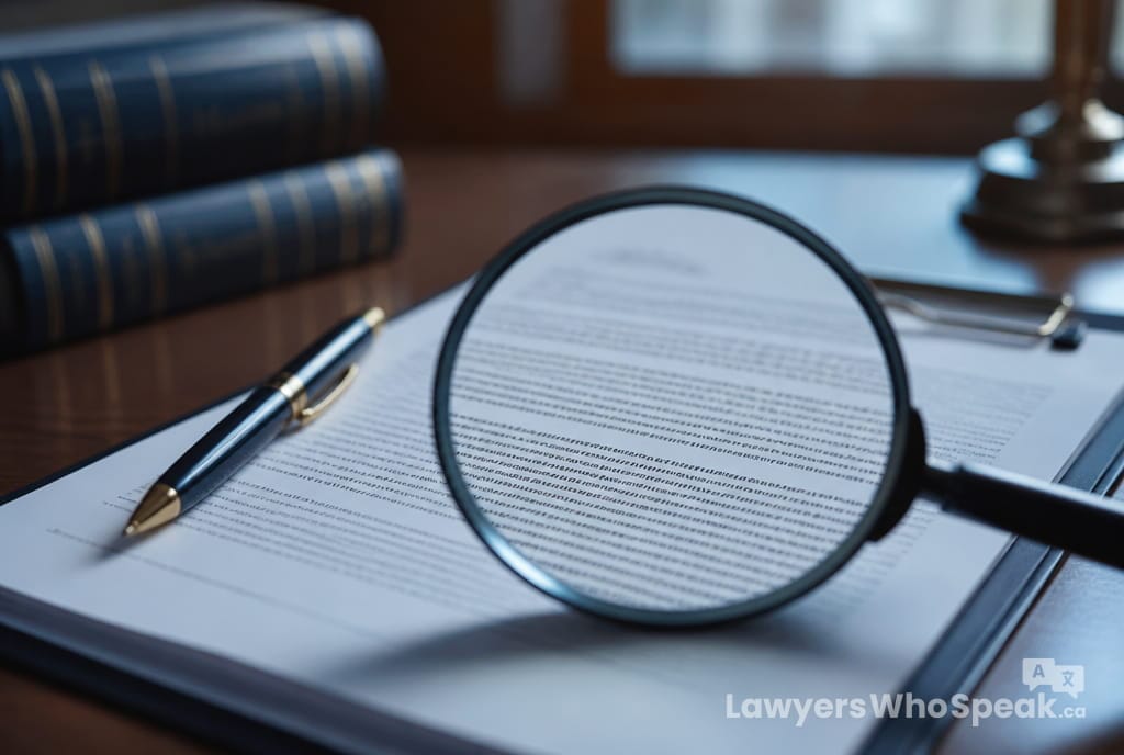 Magnifying glass examining a contract, representing the importance of reading a retainer agreement Canada closely before signing
