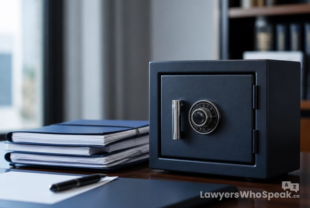 What Is a Retainer Agreement and What Should You Look For? 1 Safe beside legal documents, representing funds held in trust under a retainer agreement Canada