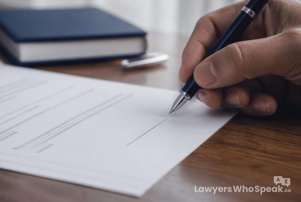 Wrongful Dismissal in Ontario: Know Your Rights (2026 Guide) 2 Pen paused over a severance agreement, reflecting the caution advised in a wrongful dismissal Ontario case