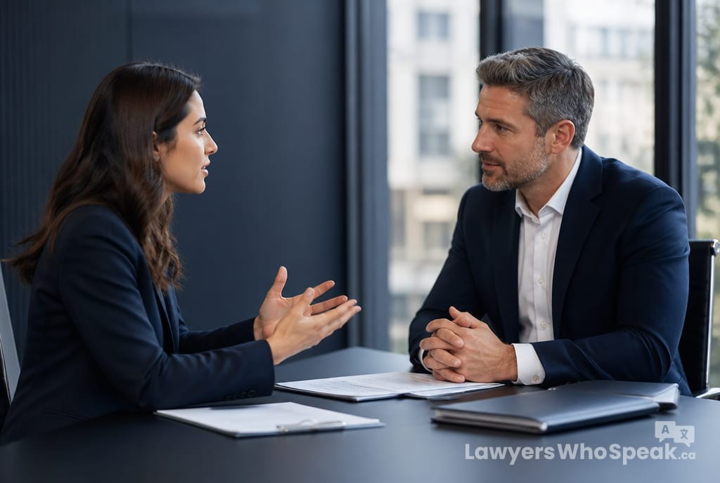 Wrongful Dismissal in Ontario: Know Your Rights (2026 Guide) 3 Two people in a calm negotiation, a common resolution path in a wrongful dismissal Ontario claim