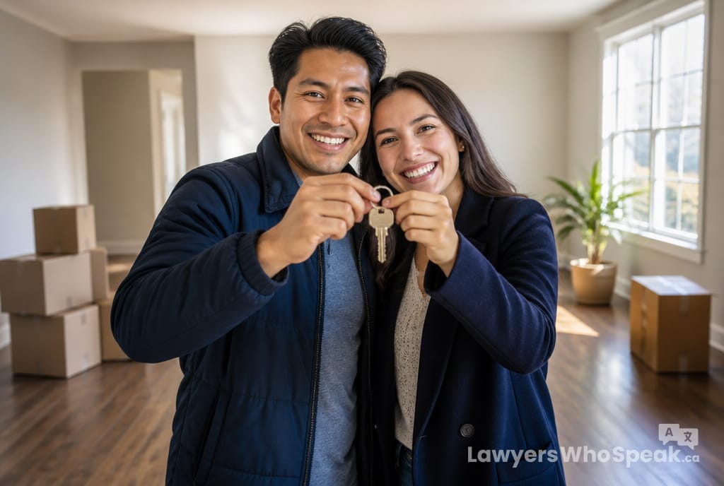 First-time homebuyers holding their new keys, celebrating buying a home in Ontario