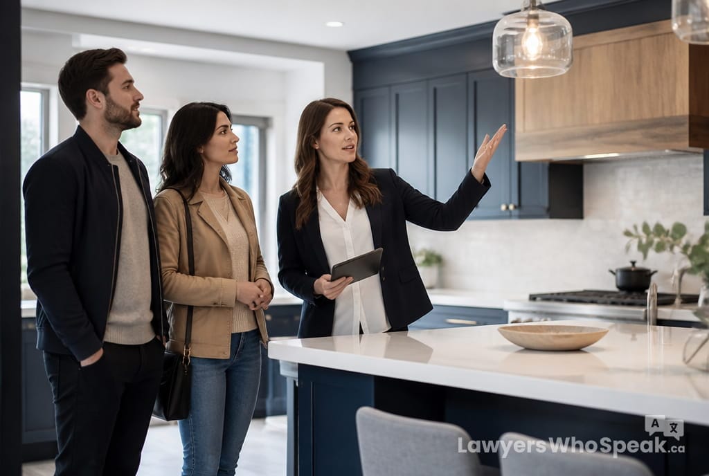 Couple touring an open house kitchen with their real estate agent while buying a home in Ontario
