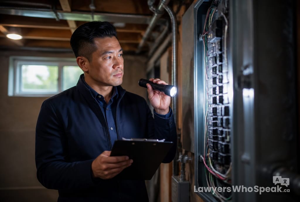 Home inspector examining an electrical panel, part of the home inspection condition when buying a home in Ontario