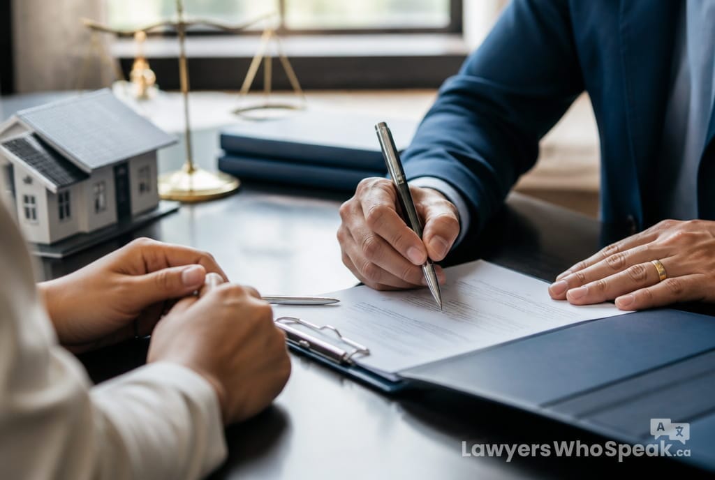 Hands signing mortgage and closing documents, the final step in buying a home in Ontario