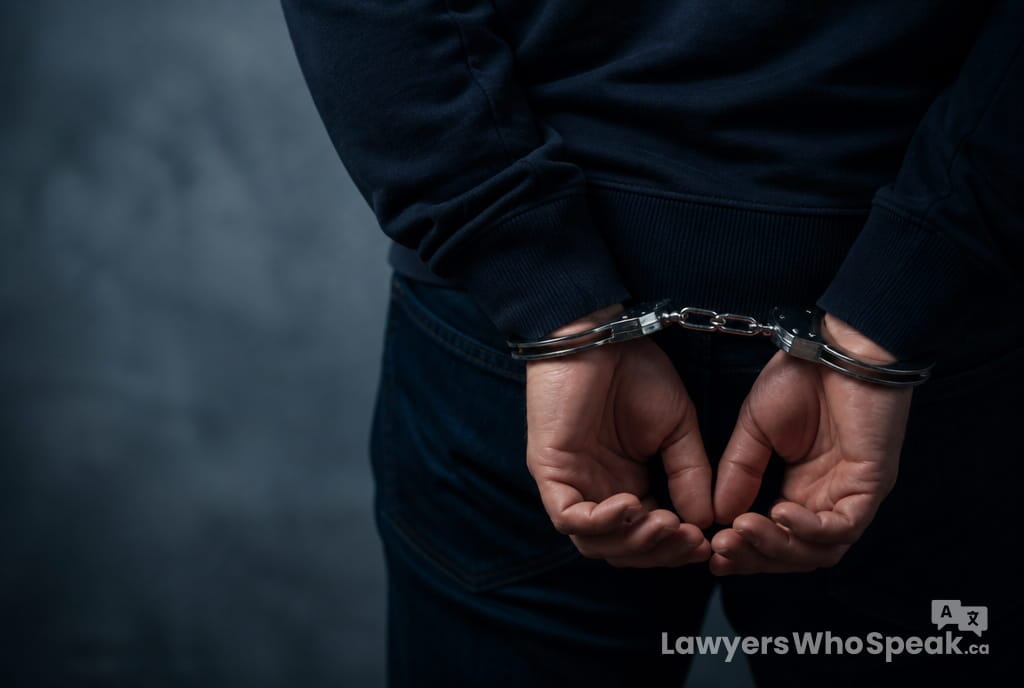Close-up of a person in handcuffs, representing the moment of being charged with a crime in Ontario
