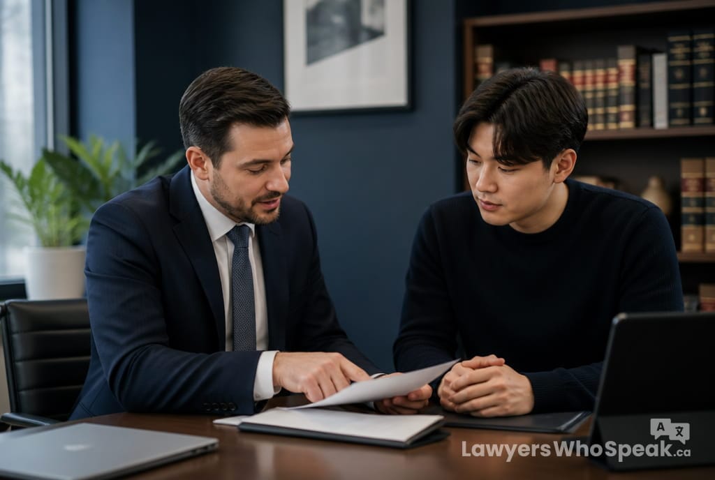 Lawyer explaining Charter rights to a client after being charged with a crime in Ontario
