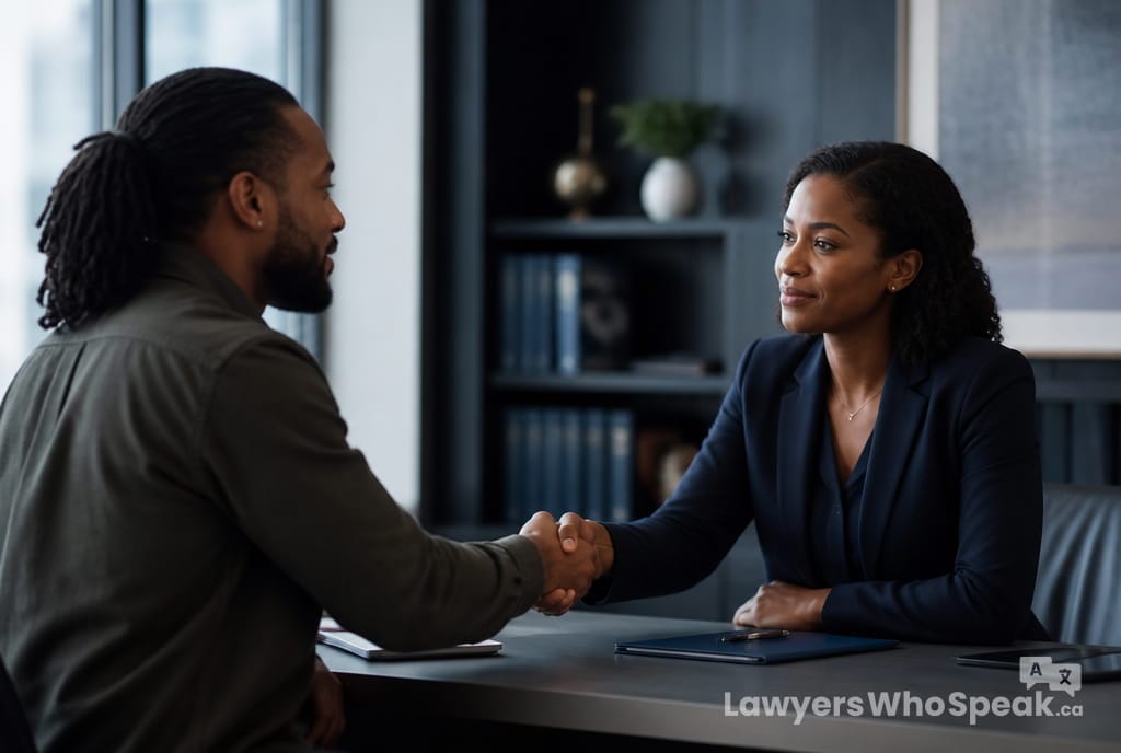 Client and criminal defence lawyer shaking hands, resolving next steps after being charged with a crime in Ontario
