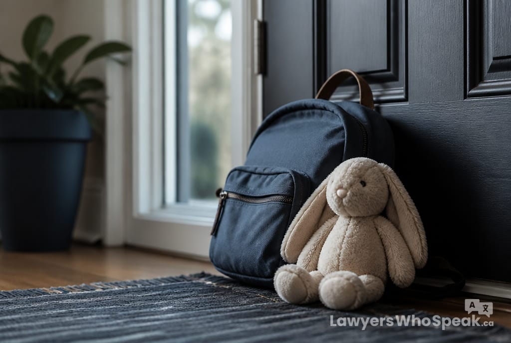 Child's backpack packed by the door, representing moving between two homes in a child custody Ontario arrangement