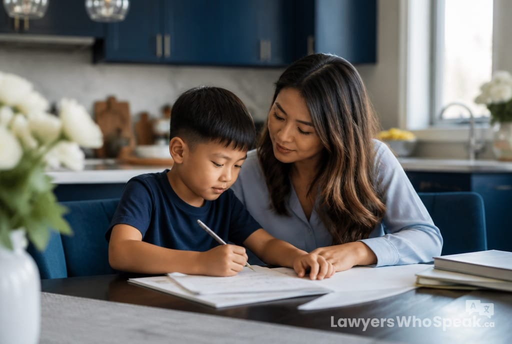 Parent helping their child with homework, representing parenting time in a child custody Ontario arrangement