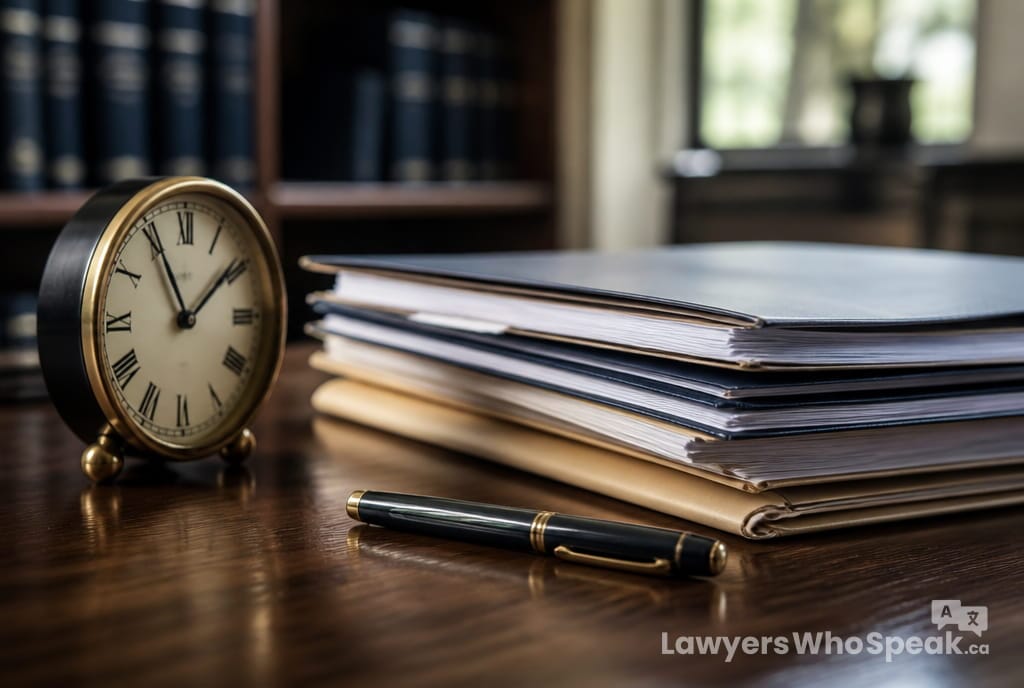 Clock and legal documents on a desk, representing how lawyers bill by the hour in Ontario