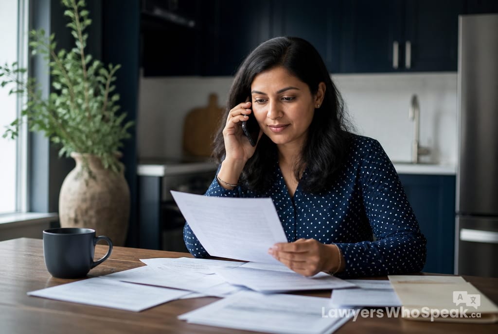 Legal Aid Ontario: Free Legal Help in Your Language 4 Person calling Legal Aid Ontario to check eligibility, with financial documents nearby