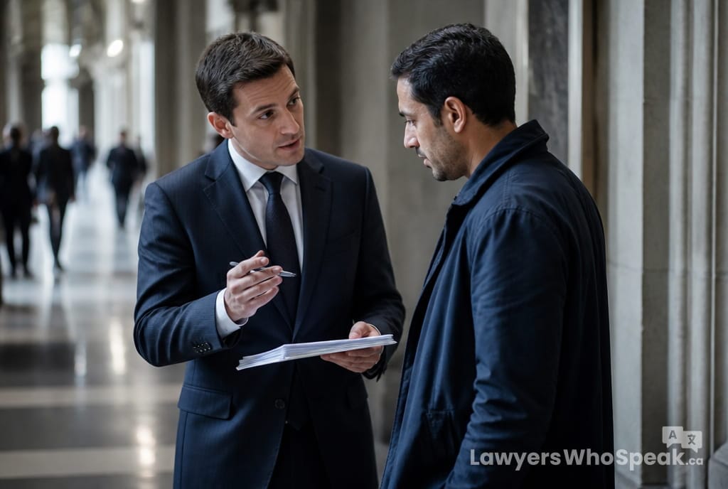 Duty counsel lawyer consulting with a client in a courthouse hallway, part of Legal Aid Ontario services