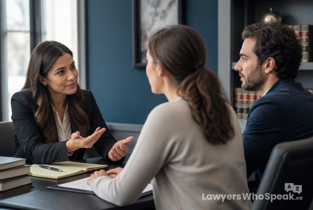 Client meeting with a lawyer and interpreter, illustrating multilingual access to Legal Aid Ontario