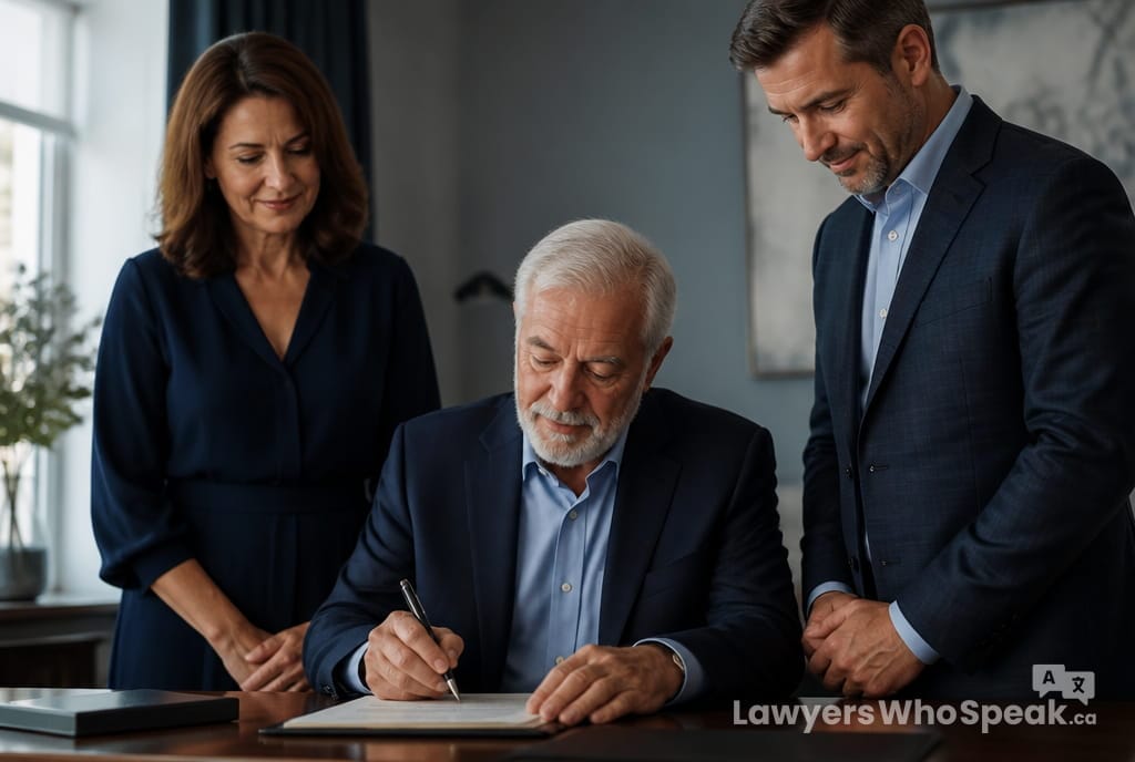 Person signing their will in the presence of two witnesses, meeting Ontario's legal requirements for how to make a will