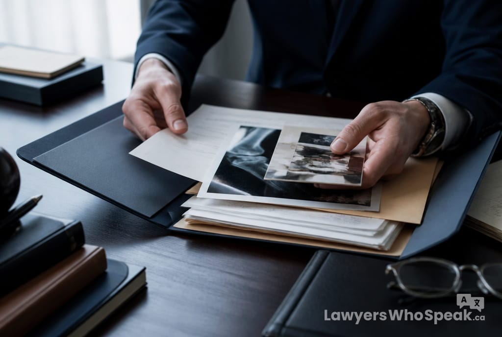 Hands organizing medical records and evidence for a personal injury Ontario claim