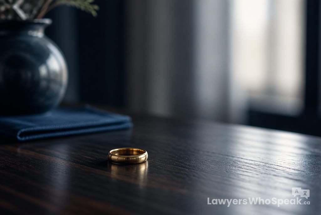 Wedding ring set down on a table, representing the start of separation and divorce in Ontario