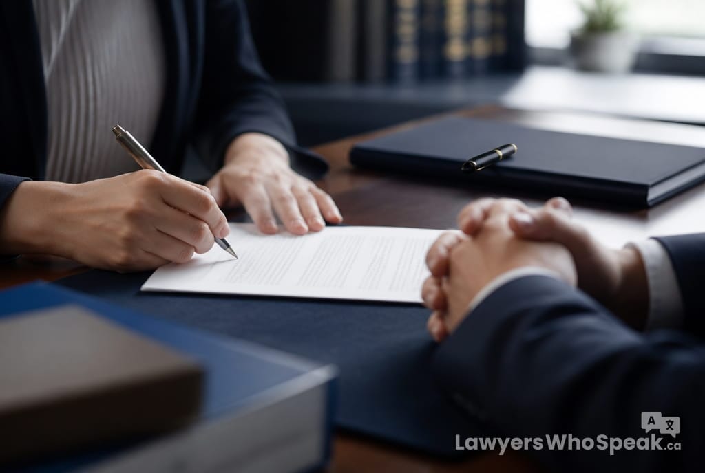 Hands signing a separation agreement, a step in finalizing a separation and divorce in Ontario