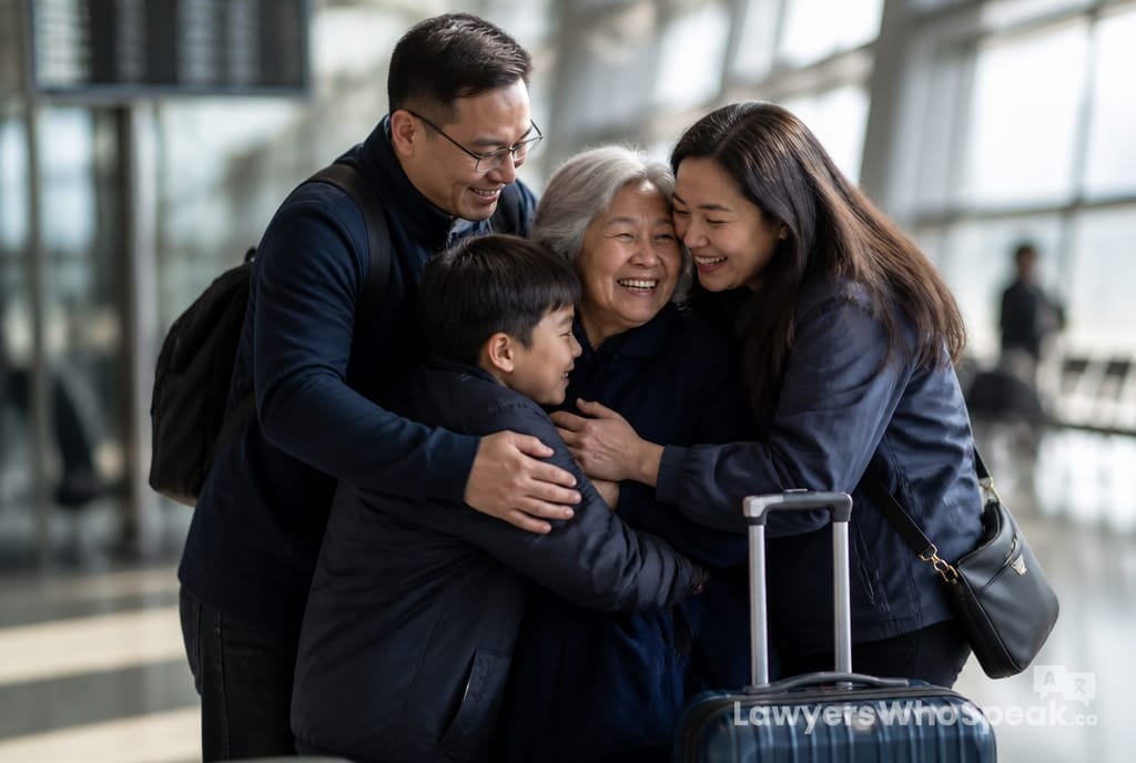 Family embracing an elderly mother at the airport, representing sponsoring a family member to Canada