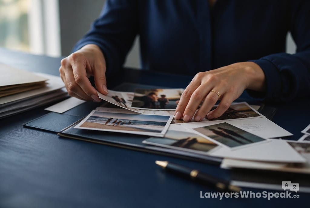 Hands organizing family photos and documents, evidence for sponsoring a family member to Canada
