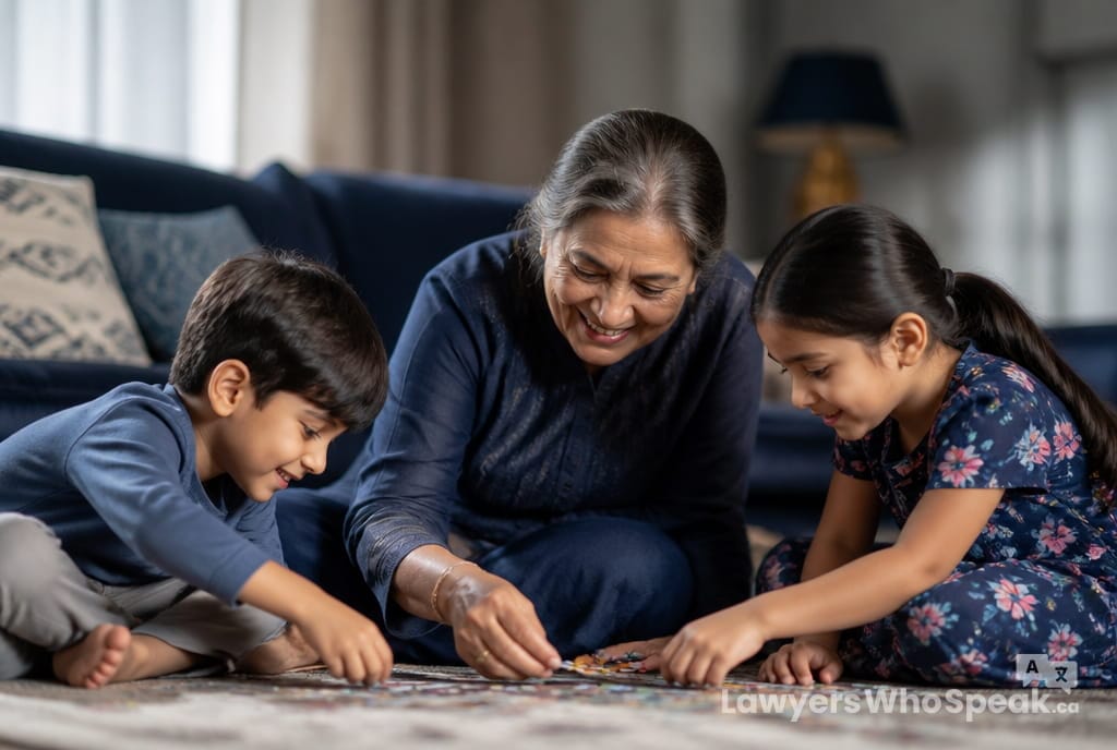 Grandmother playing with her grandchildren at home, the goal of sponsoring a family member to Canada through the Parents and Grandparents Program