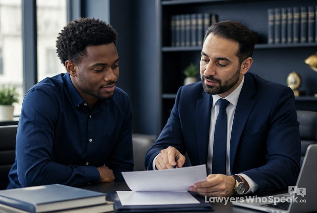 Client and immigration lawyer reviewing a sponsorship application for a family member to Canada