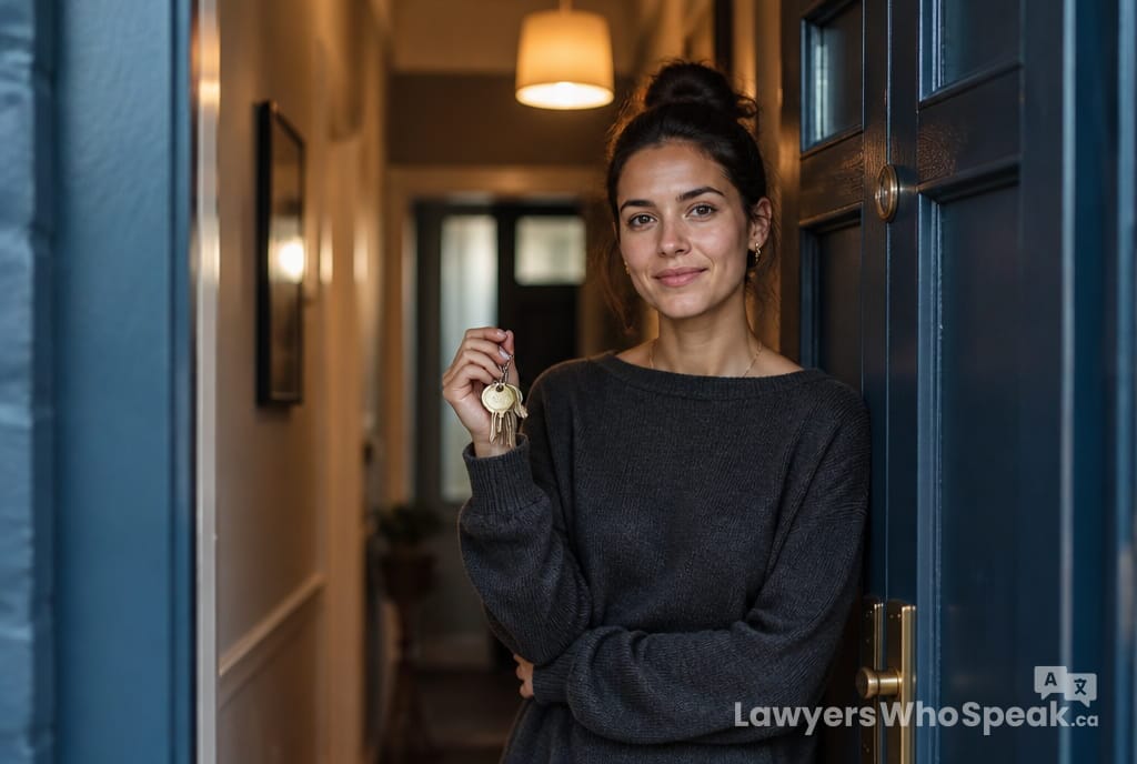 Tenant standing confidently at their apartment door, representing tenant rights in Ontario