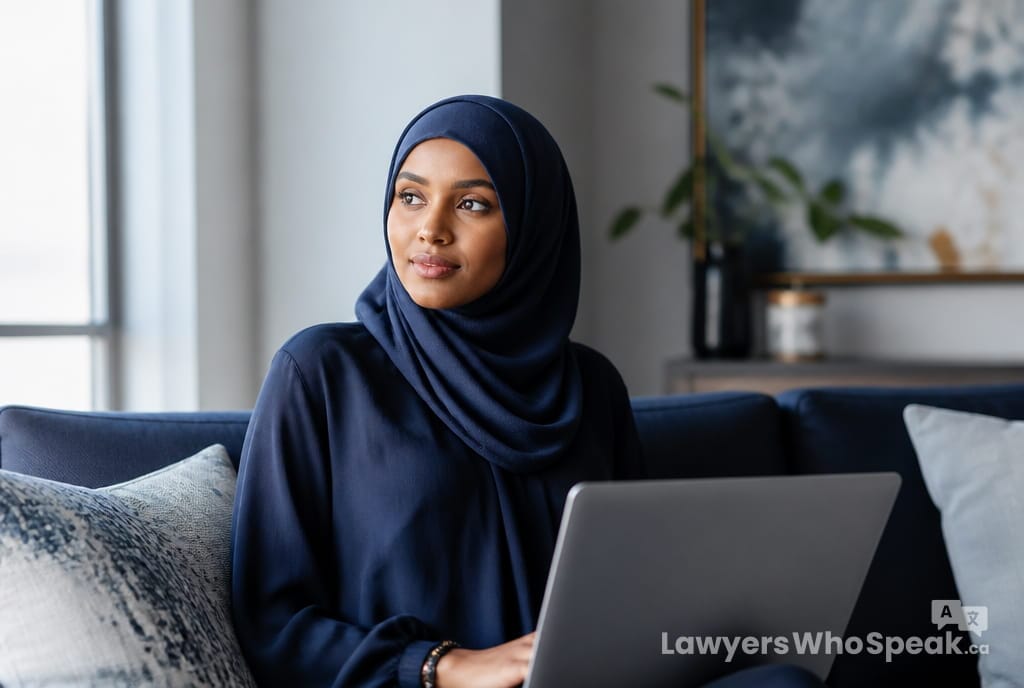 Person researching legal options on a laptop at home, starting the process to get legal advice in Ontario