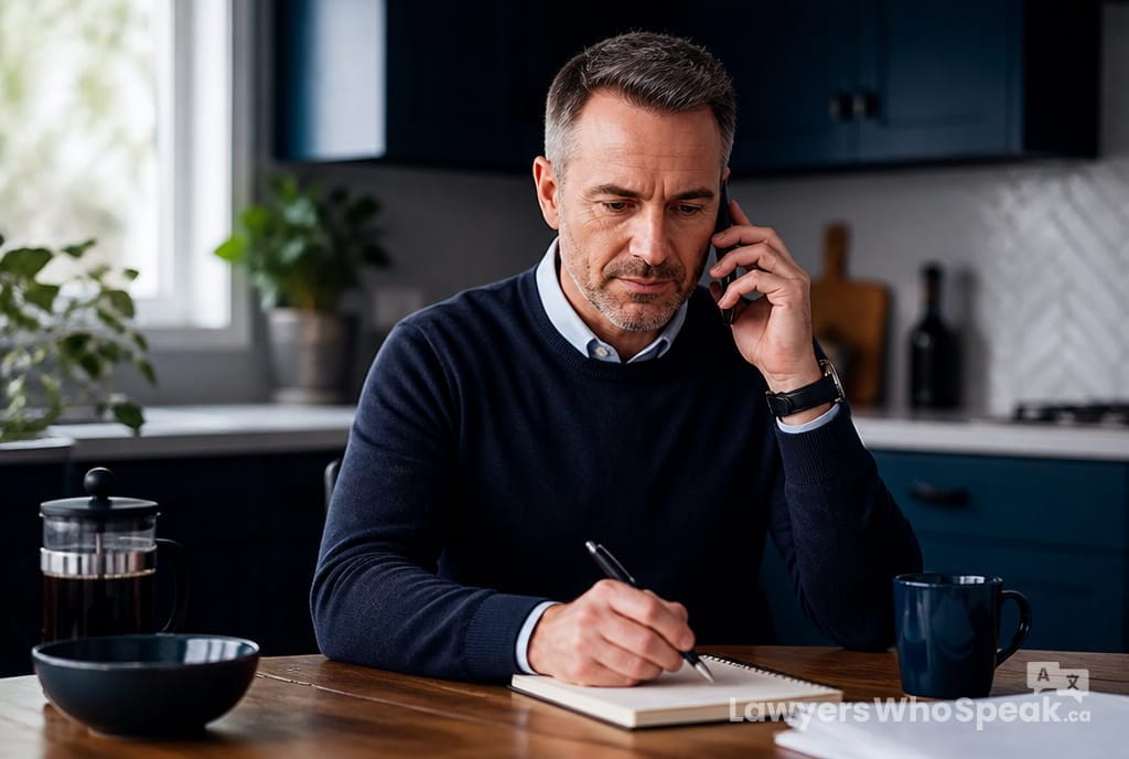 Person calmly discussing their situation by phone, one step in how to get legal advice in Ontario