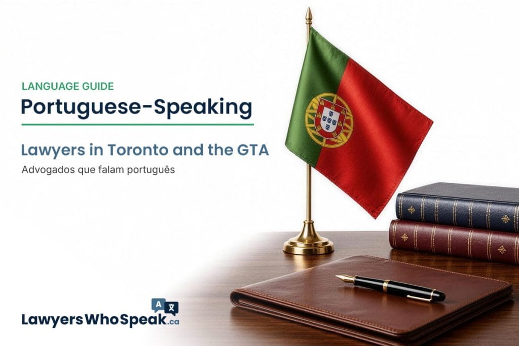 Portuguese flag on a desk stand beside stacked leather-bound books and a portfolio with a pen, representing legal support for the Portuguese-speaking community in Canada