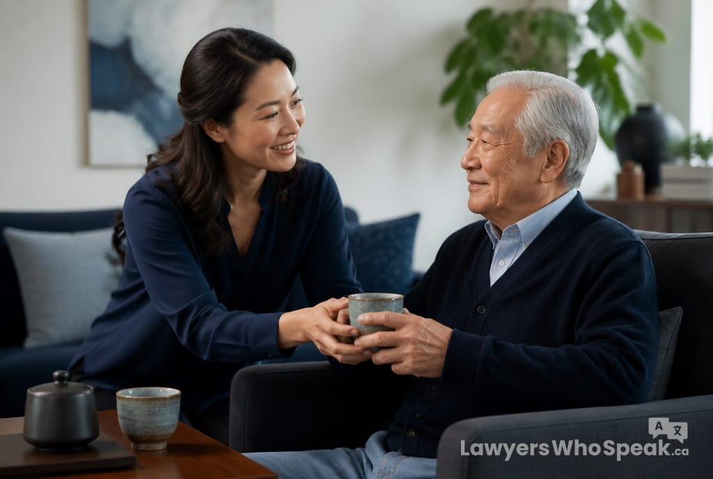 Caregiver warmly assisting an elderly man, illustrating a power of attorney Ontario for personal care