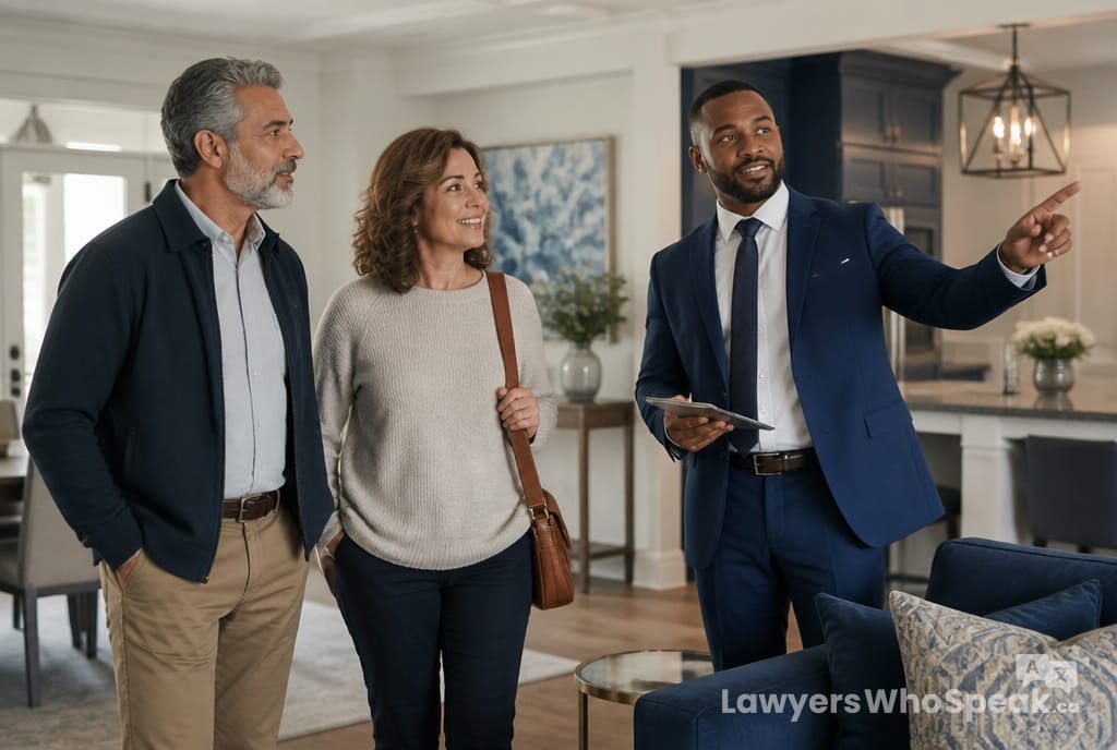 Selling a Home in Ontario: The Legal Process Explained (2026 Guide) 1 Homeowners walking through their staged home with a real estate agent before selling a home in Ontario
