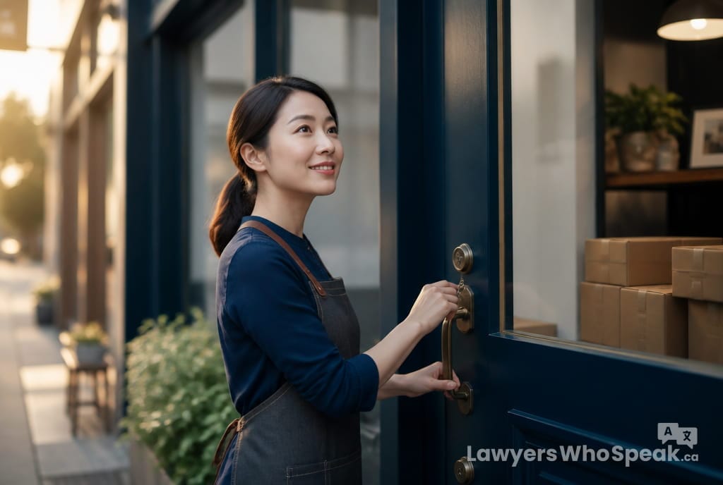 Entrepreneur unlocking the door of a new shop, representing starting a business in Ontario