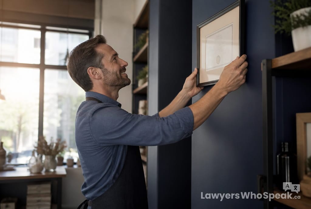 Starting a Business in Ontario: A Legal Guide for New Entrepreneurs (2026) 3 Small business owner hanging their business license, completing the process of starting a business in Ontario
