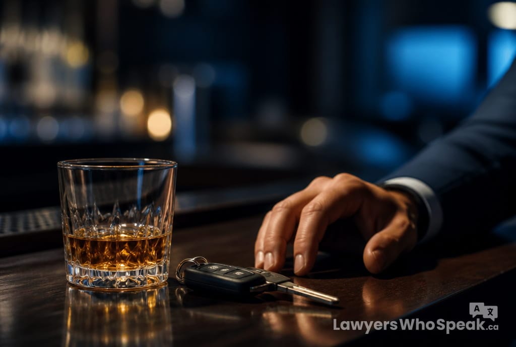 Car keys next to a drink on a bar counter, representing the decision point before an impaired driving Ontario charge
