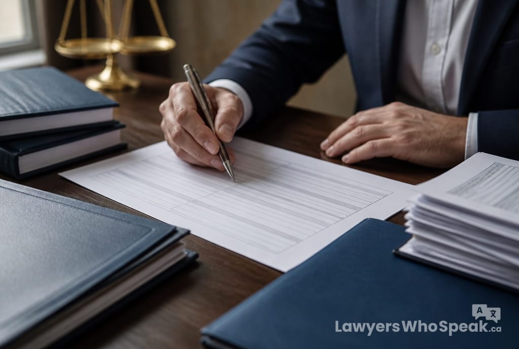 Hands filling out a Plaintiff's Claim form to start a small claims court Ontario case