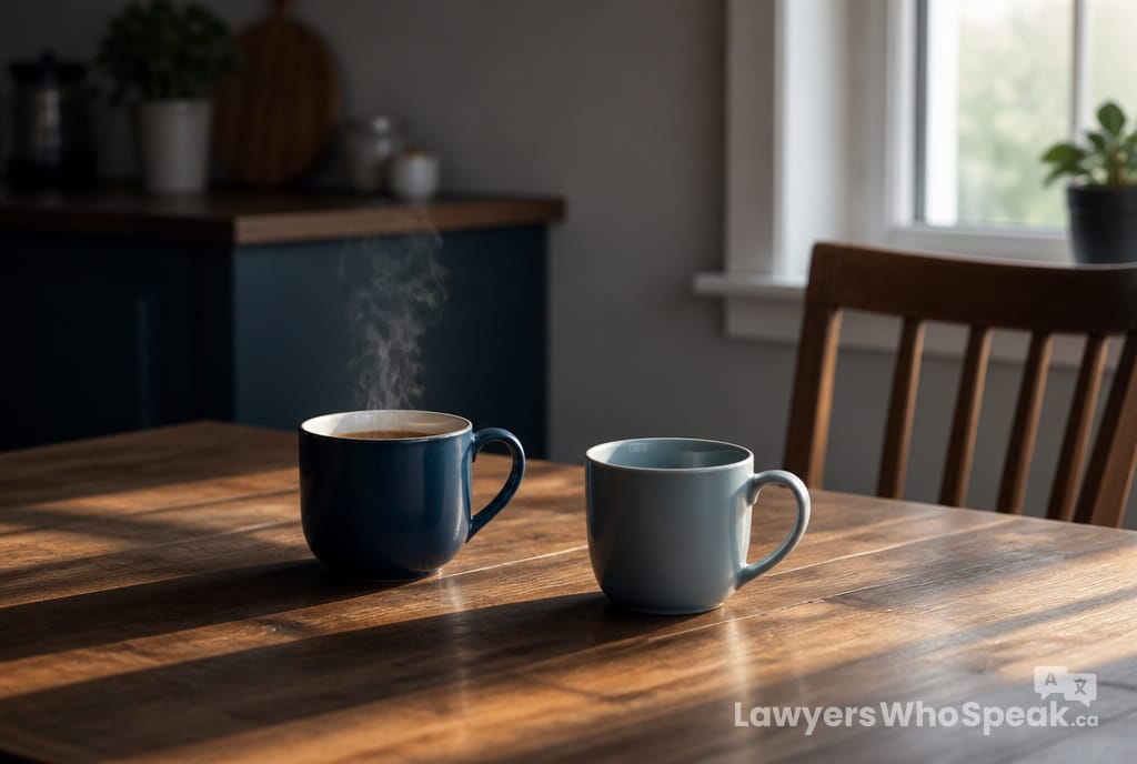 Two coffee mugs at a table, one seat empty, representing life after separation and spousal support Ontario obligations